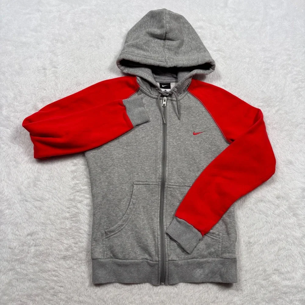 Y2K Nike Full Zip Hoodie Women S (FIT XS) Grey Red Colorblock Raglan Fleece Logo
